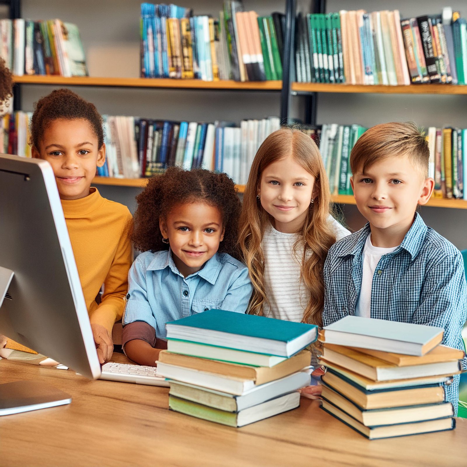 Kids in library with Mac